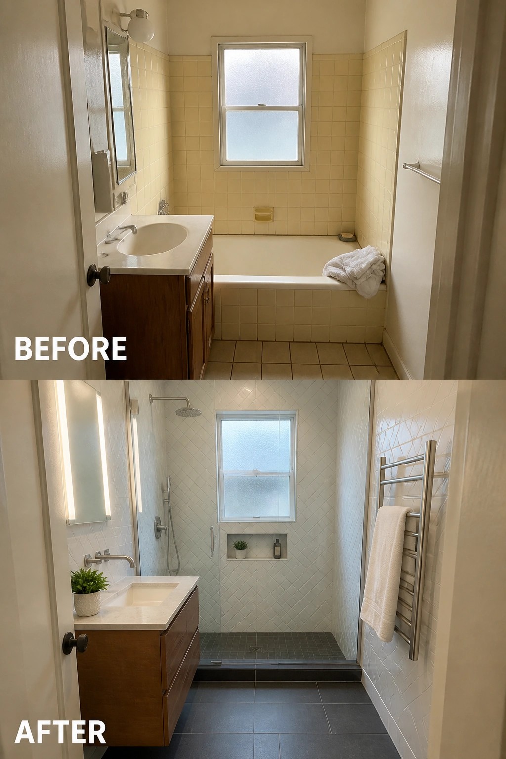Before-and-after image of a small bathroom showing a yellow-tiled tub room changed into a white-tiled walk-in shower with a floating wood vanity.