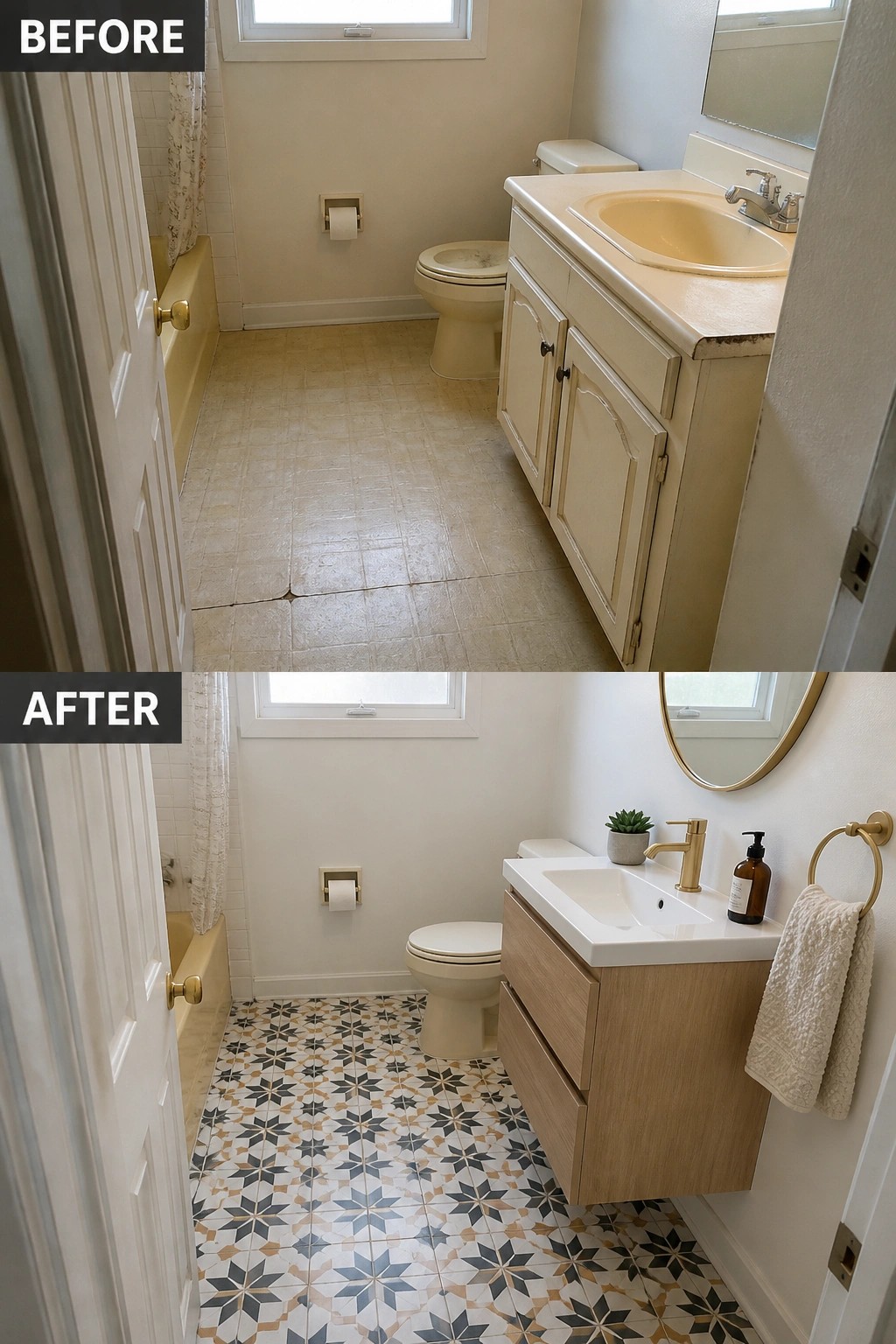 Before and after bathroom remodel with patterned tile floor and floating wood vanity