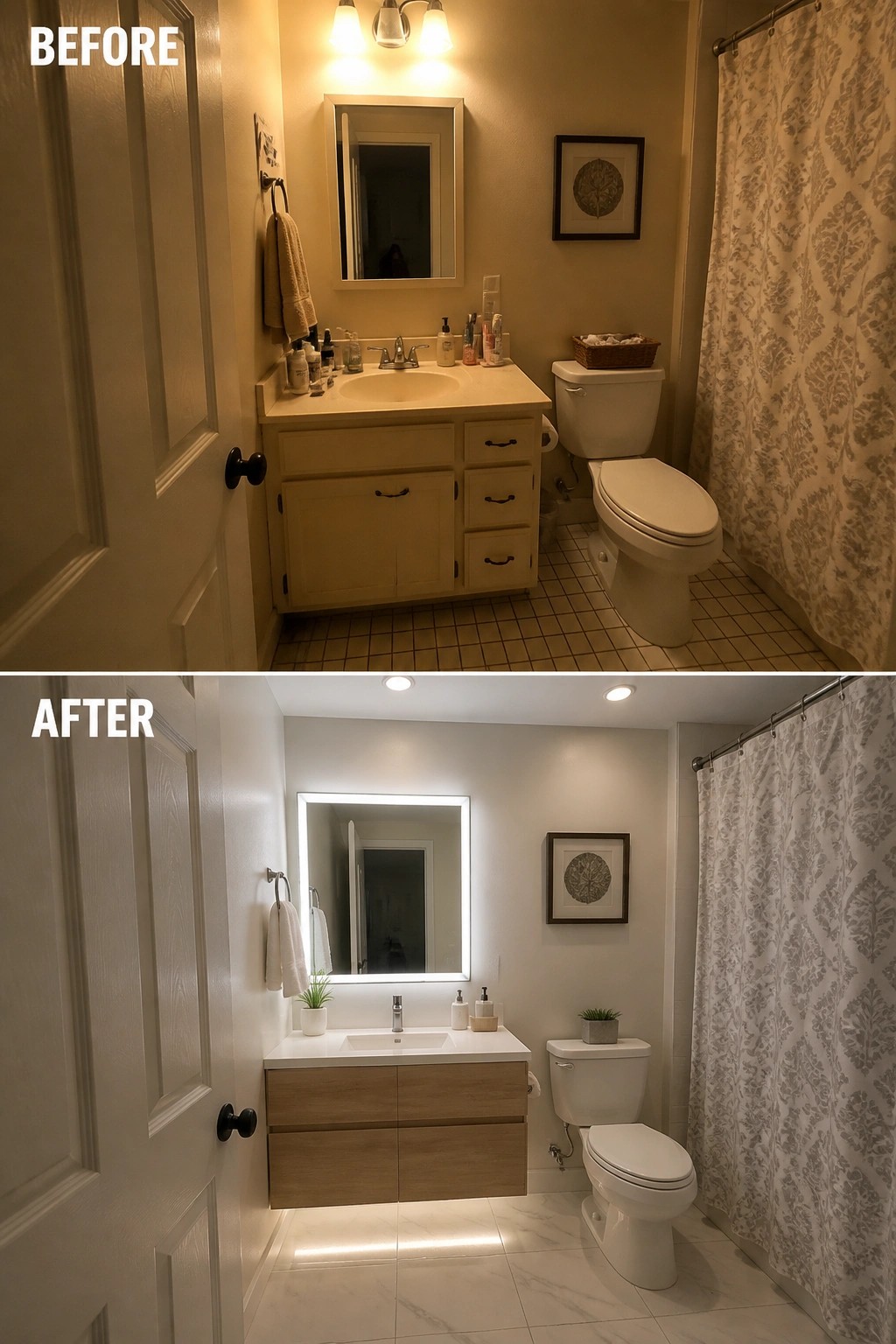 Before-and-after bathroom remodel with beige vanity replaced by modern wood floating unit.