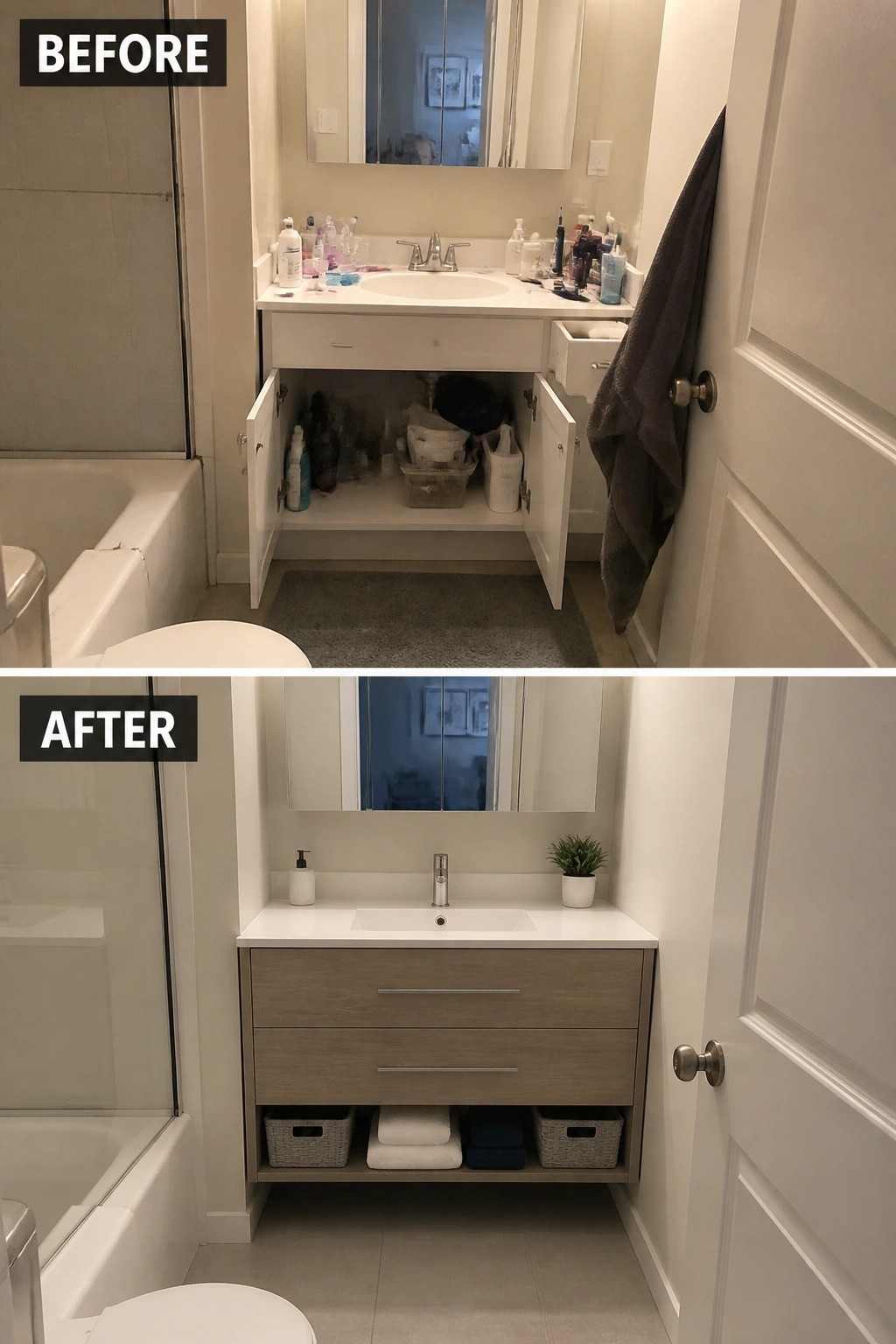 Before and after of cluttered white bathroom vanity transformed into organized modern wood cabinetry.