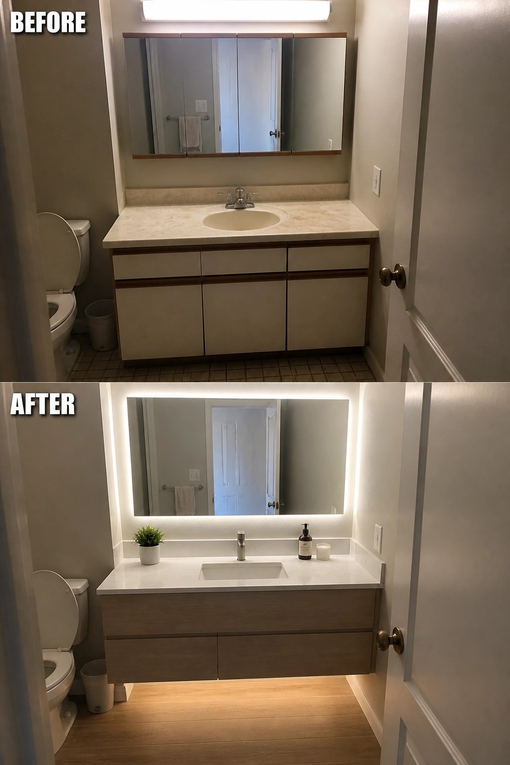 Before and after bathroom remodel with floating wood vanity, LED mirror, and light flooring.