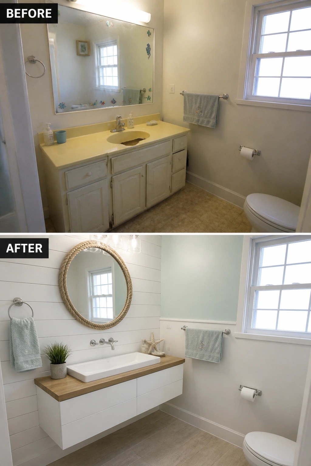 Before-and-after image of a small bathroom showing a traditional vanity replaced by a floating vanity with a round mirror and white shiplap walls.