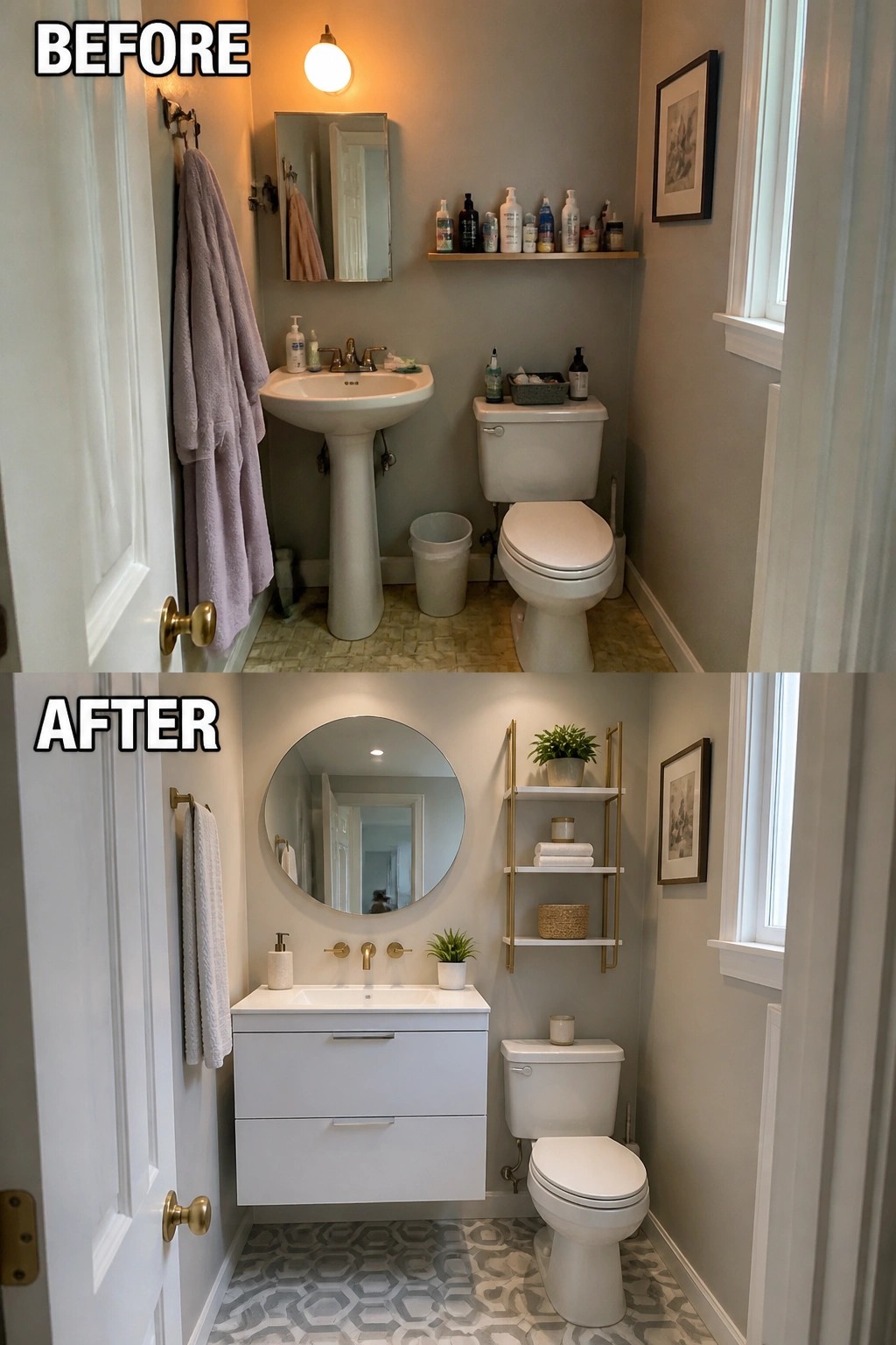 Before-and-after image of a small bathroom showing a pedestal sink replaced by a floating white vanity with drawers, a round mirror, and added wall shelves.