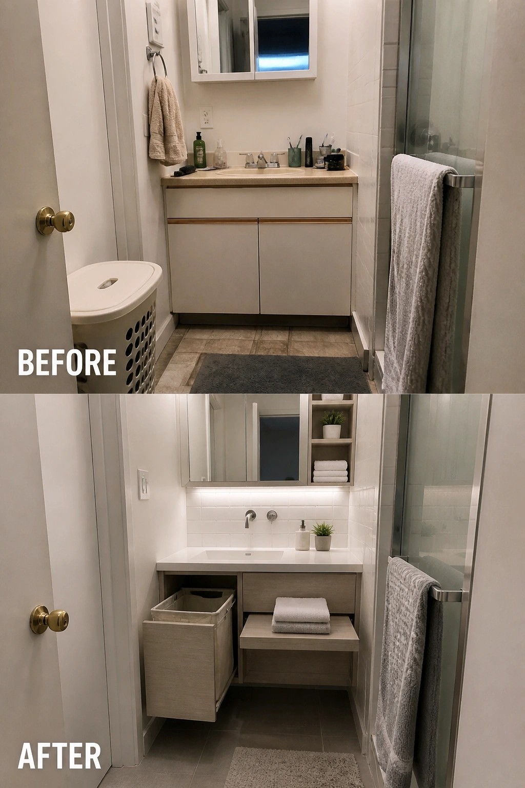 Before and after photos of a narrow bathroom with updated vanity and storage