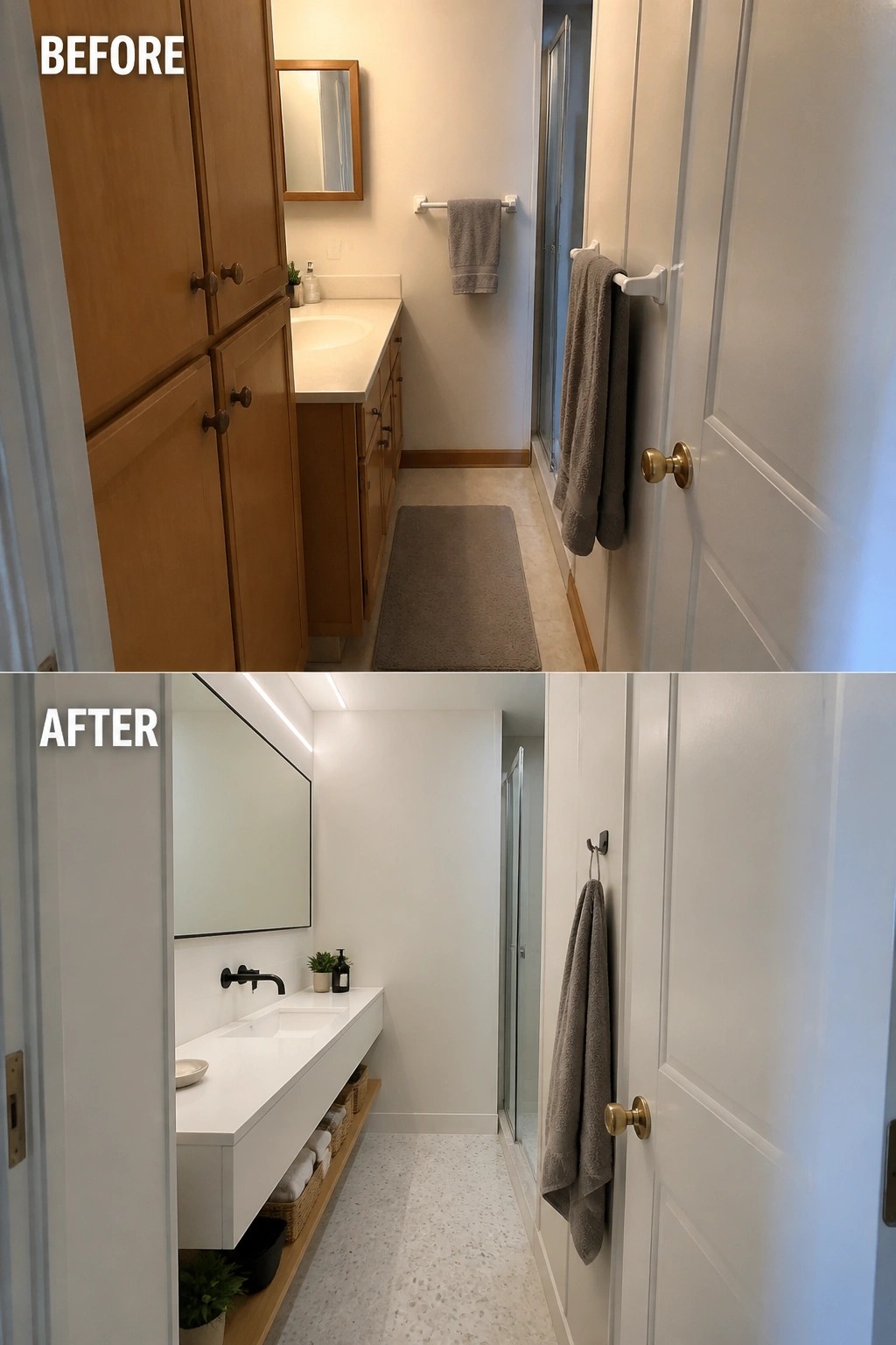 Before-and-after image of a narrow bathroom updated with a floating white vanity that replaces bulky wooden cabinets.