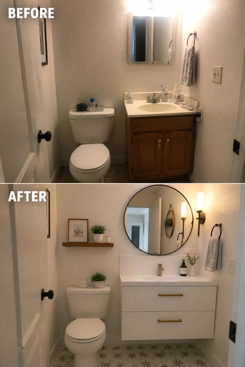 Before and after views of renovated bathroom with white floating vanity and round mirror.