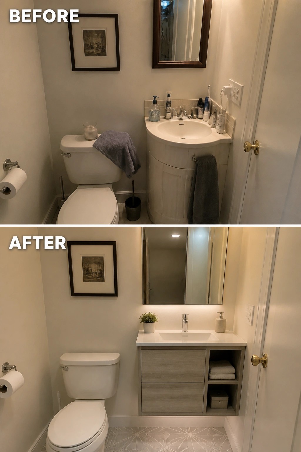 Before-and-after image of a small bathroom showing a curved floor cabinet replaced by a floating vanity with drawers and open shelves.