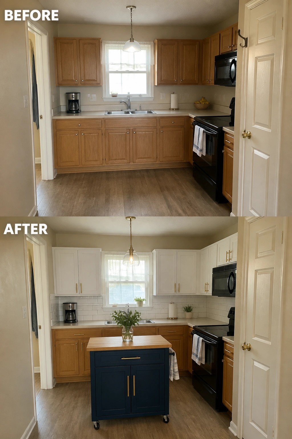 Before and after kitchen remodel with white cabinets, blue island, and wood floors.