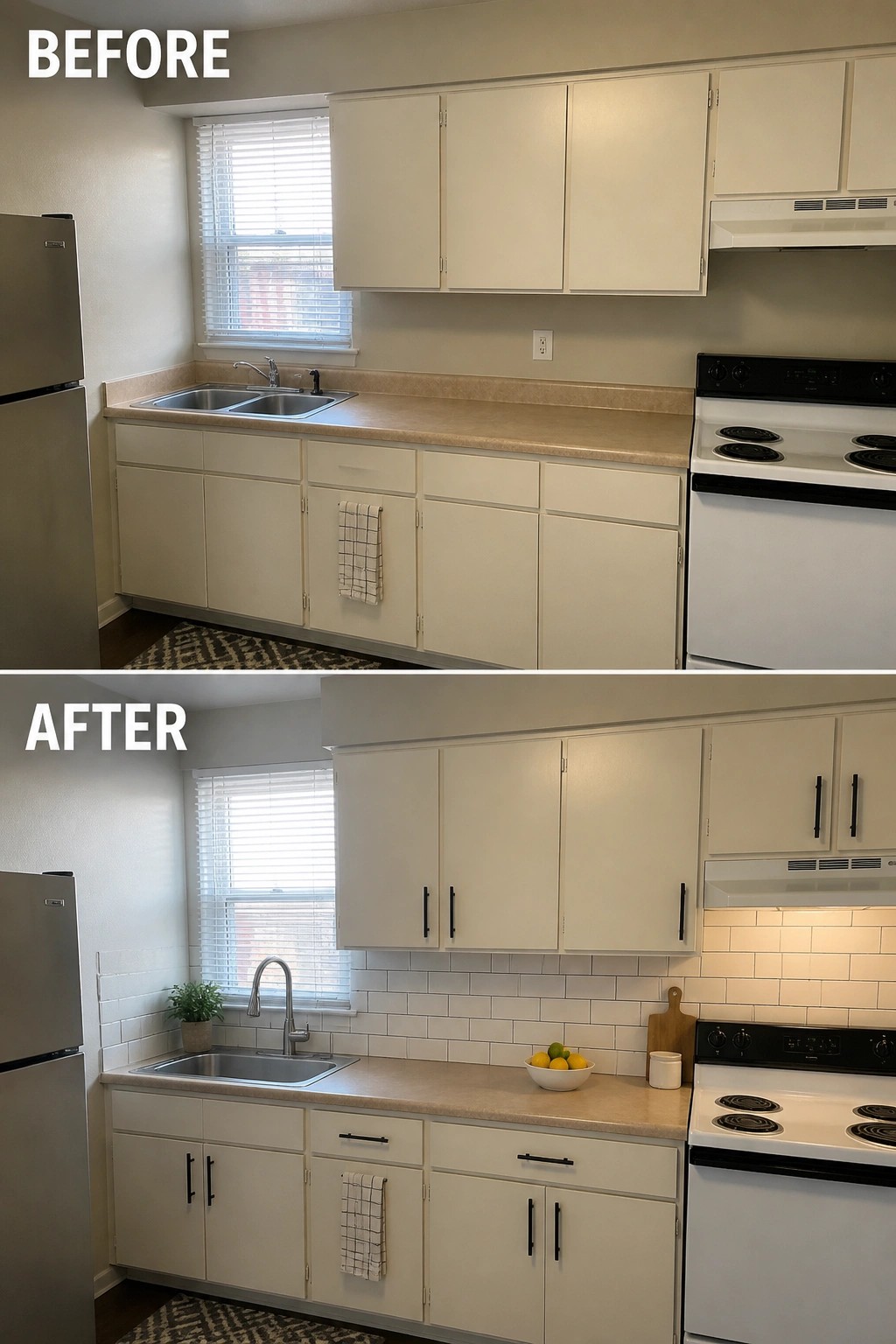 Before and after kitchen remodel with white cabinets, new backsplash and hardware.