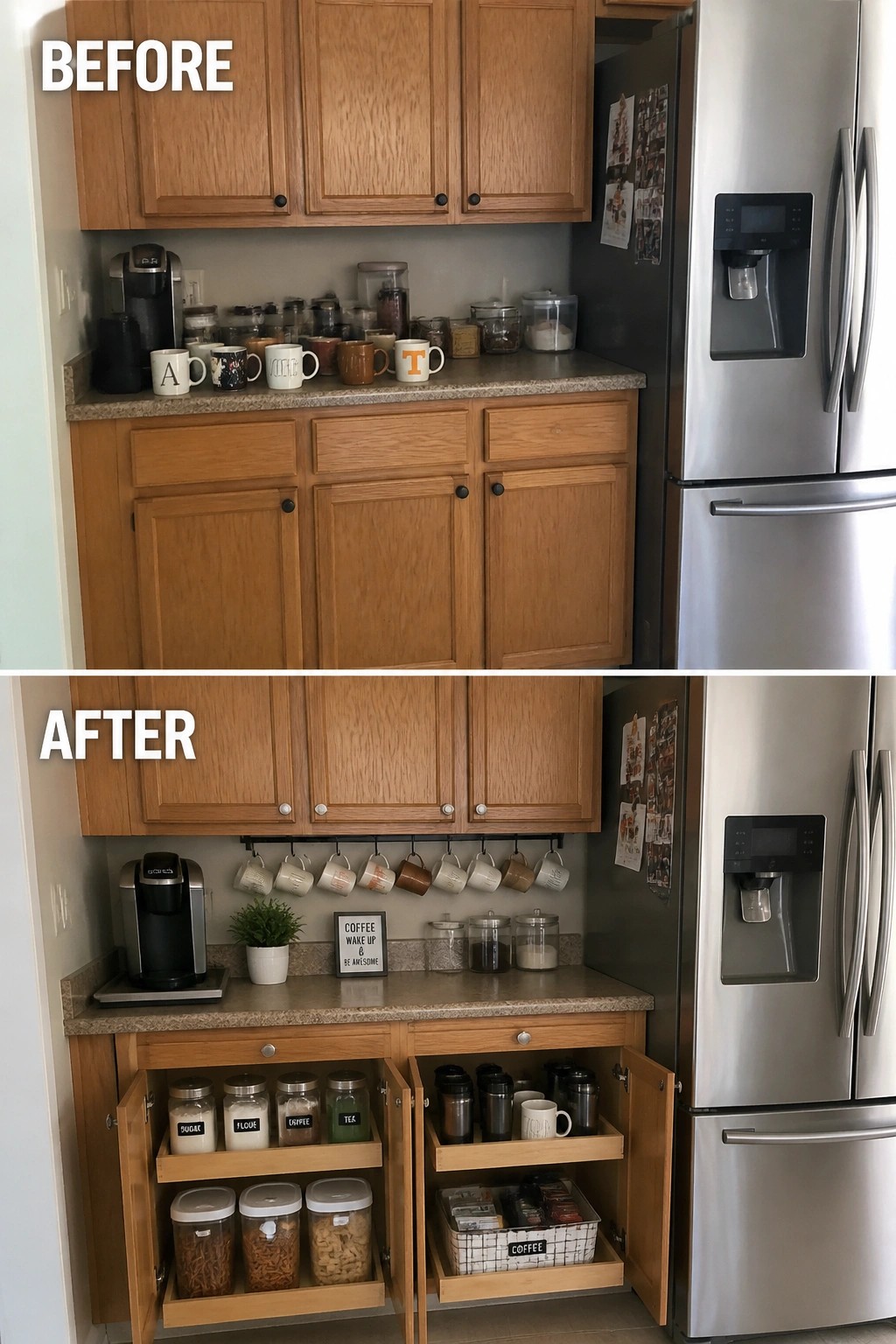 Before-and-after kitchen counter: cluttered mugs vs. organized hanging mugs and labeled pull-out drawers