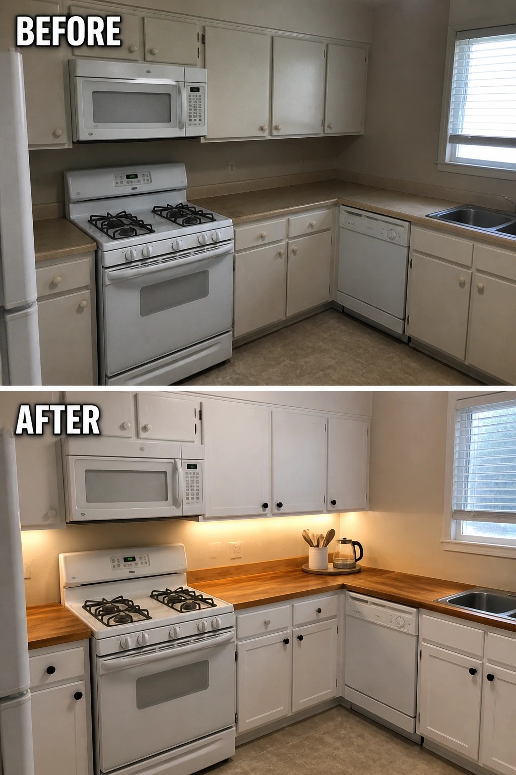 Before-and-after image of a small kitchen showing beige laminate counters replaced with wood and under-cabinet lighting added.