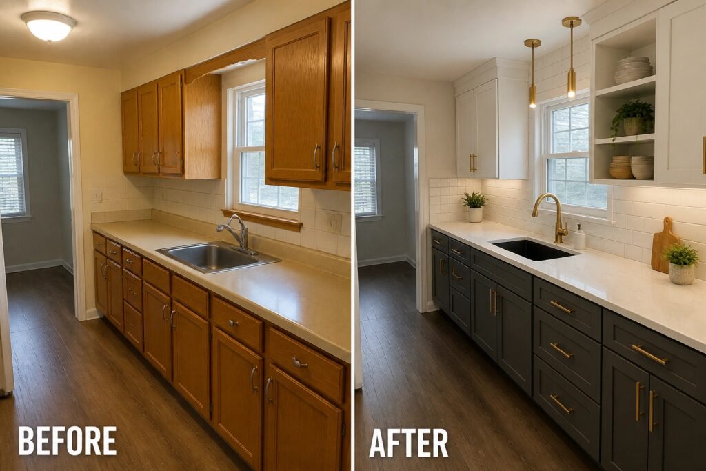 24 Modern Small Kitchen Before and After Ideas for Builder-Basic Cabinets Before and after kitchen remodel from oak cabinets to modern white and gray.