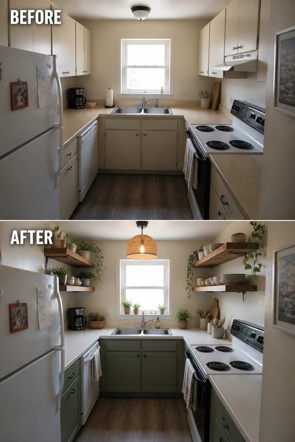 Before and after kitchen remodel with green cabinets, plants, and wooden shelves.