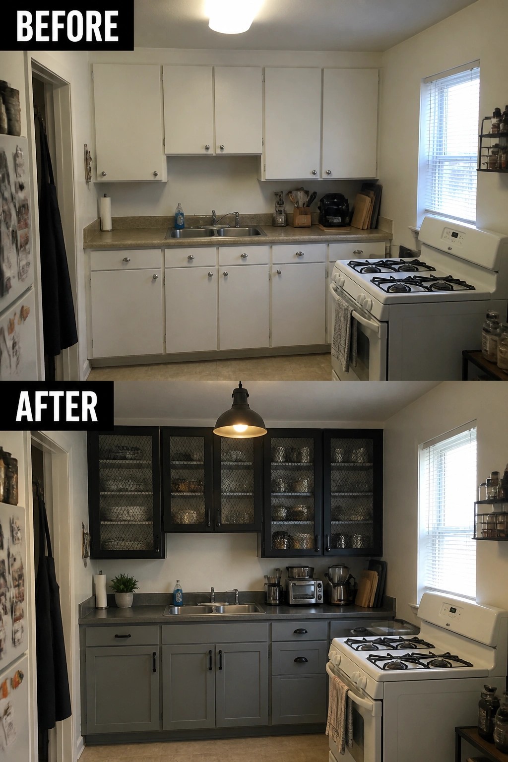 Before-and-after image of a small kitchen showing white builder cabinets updated to gray lowers and black glass-front uppers with a new pendant light.