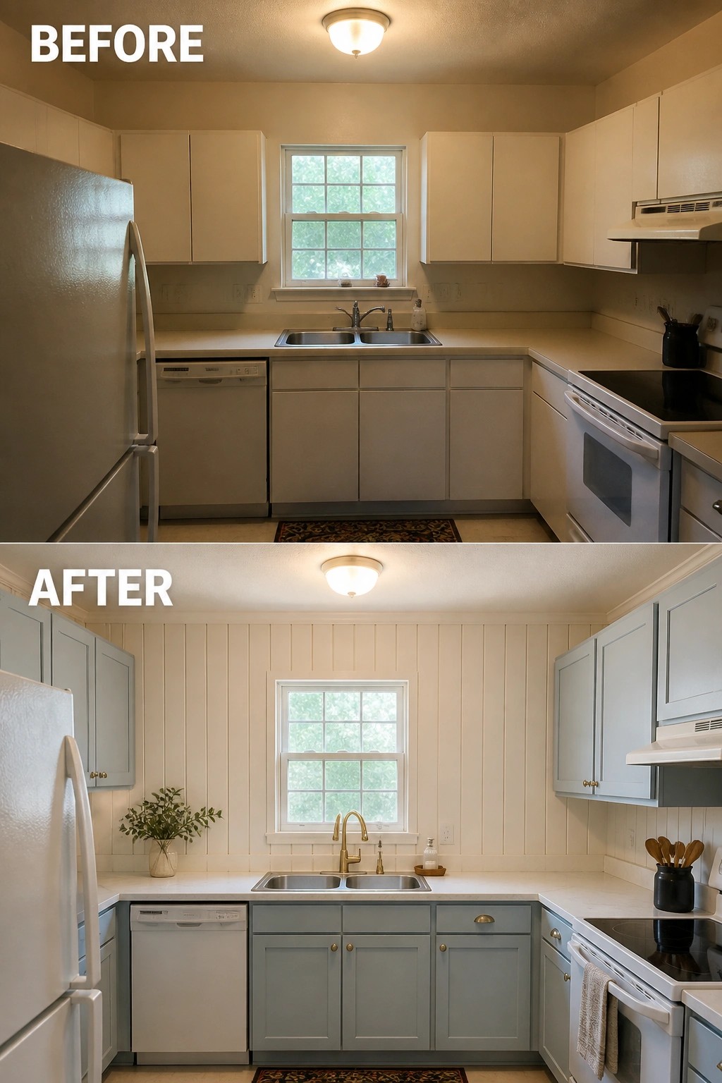 Before and after kitchen remodel with beige cabinets changed to light blue