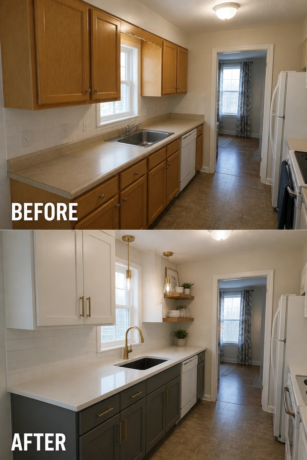 Before and after kitchen remodel from oak cabinets to modern white and gray.