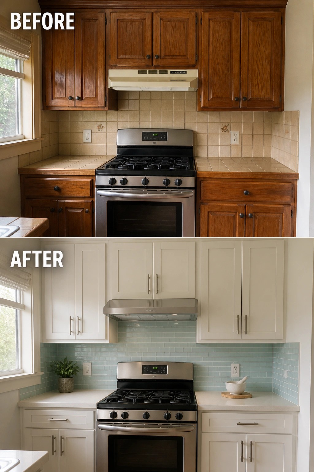 Before-and-after image of a small kitchen with dark wood cabinets changed to white cabinets and a light blue tile backsplash.