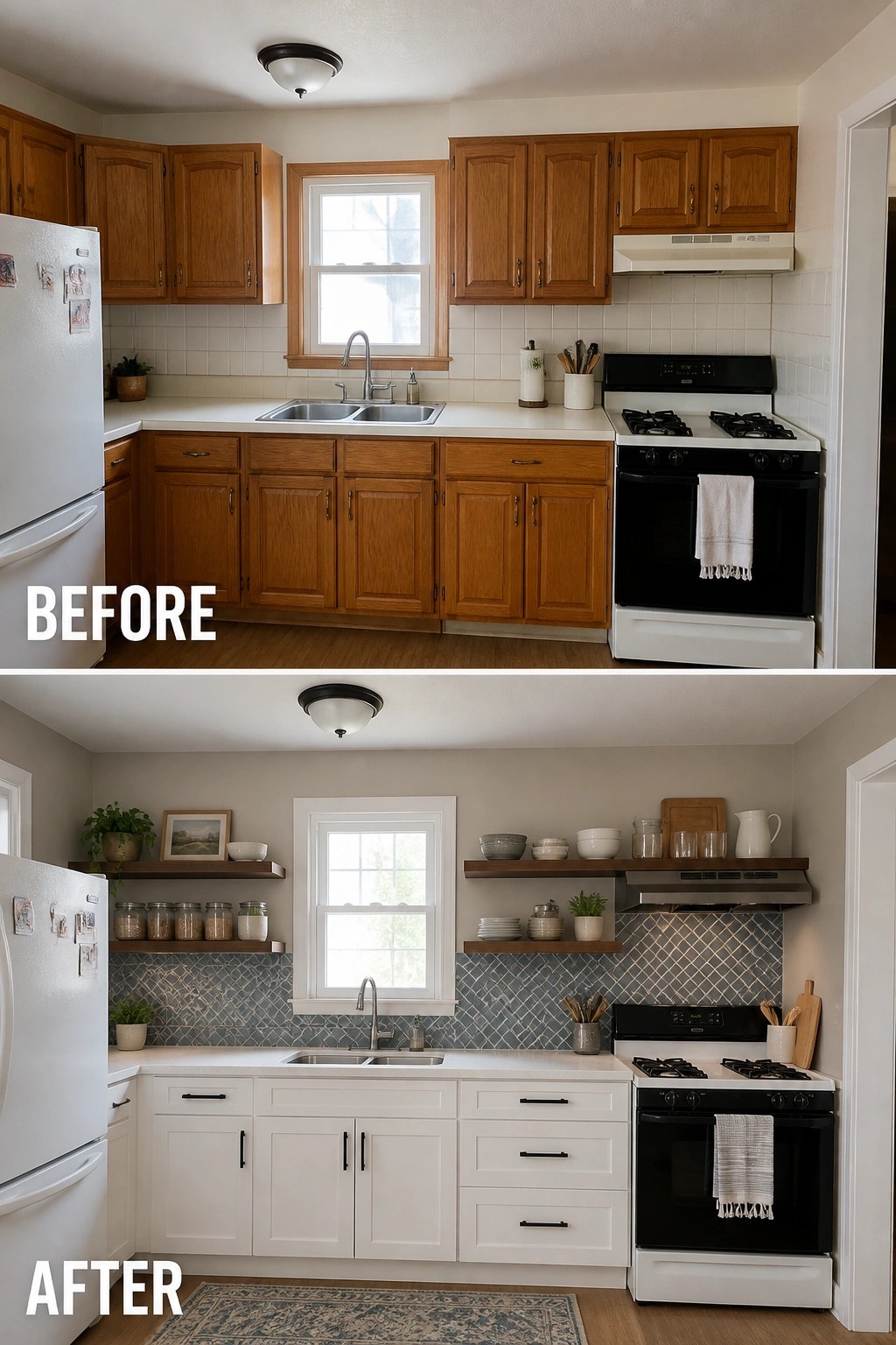 Before and after kitchen remodel: wood cabinets to white with blue tile backsplash