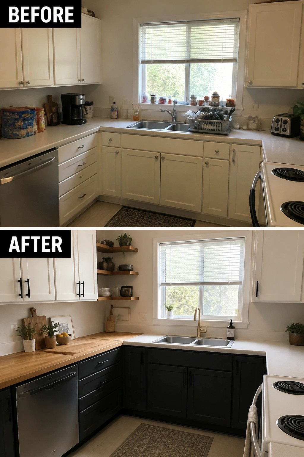 Kitchen before and after: all-white cabinets above, black cabinets with wood counters below