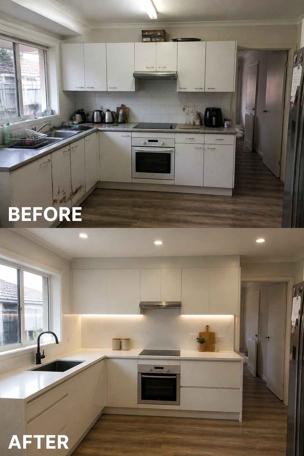 Before and after views of renovated kitchen with white cabinets and modern finishes