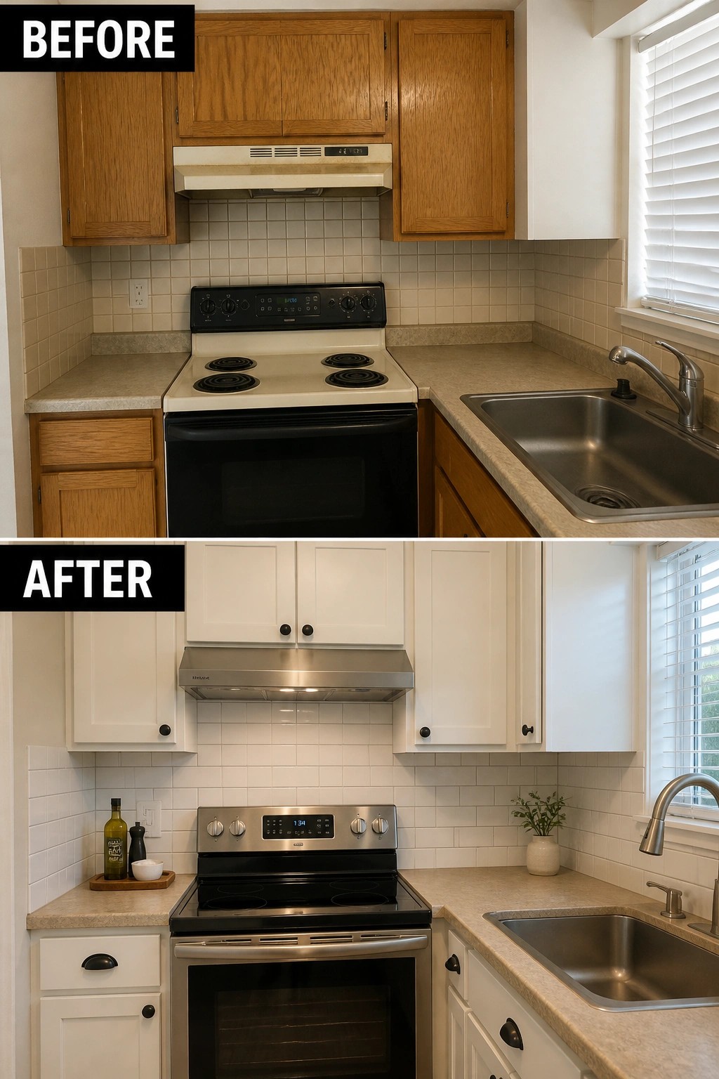 Before-and-after image of a small kitchen showing oak cabinets and an older range updated to white cabinets with a modern stainless range and hood.