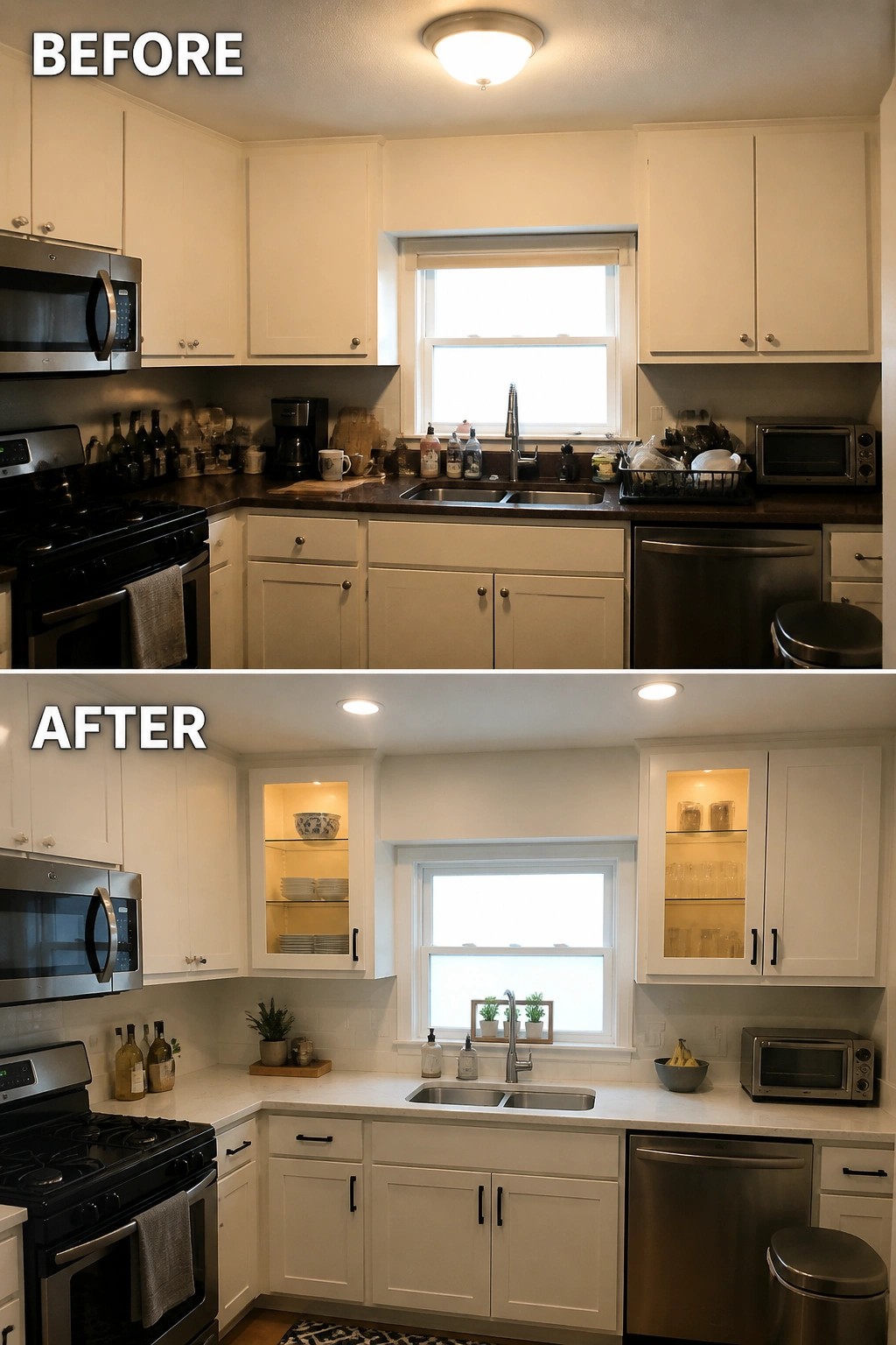 Before-and-after image of a small kitchen showing builder-basic white cabinets updated with white countertops, black hardware, and added recessed and interior cabinet lighting.