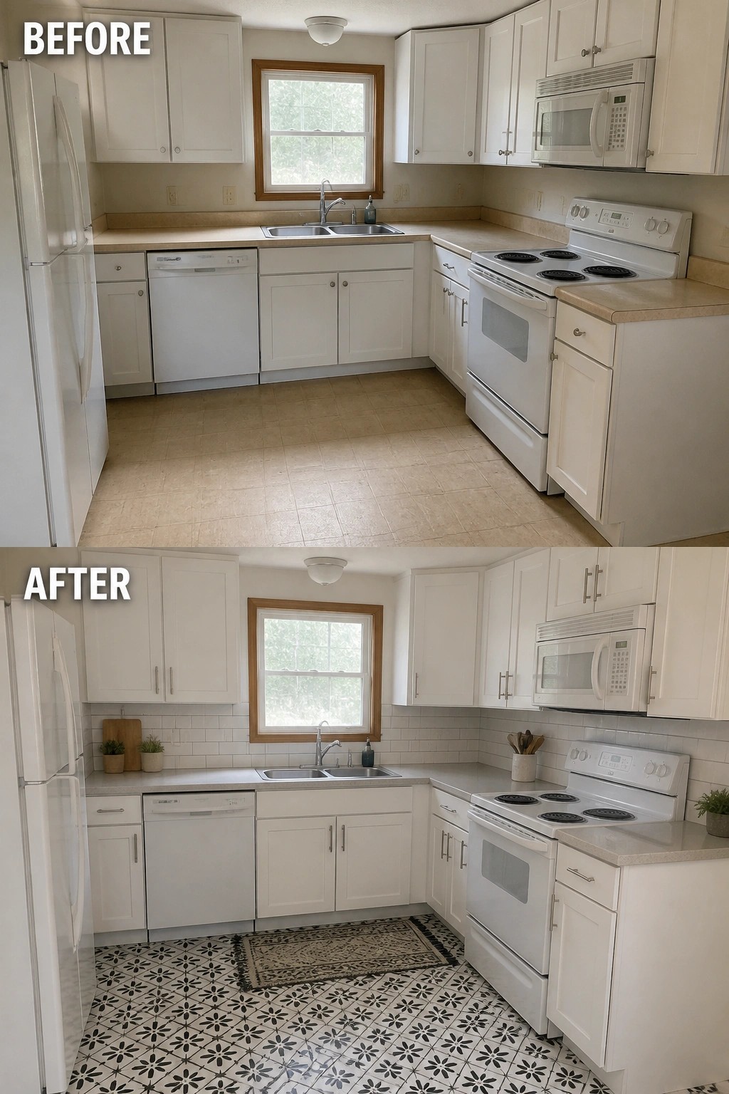 Before-and-after image of a small kitchen with white cabinets updated by replacing the plain floor with patterned tile and adding a white subway tile backsplash.