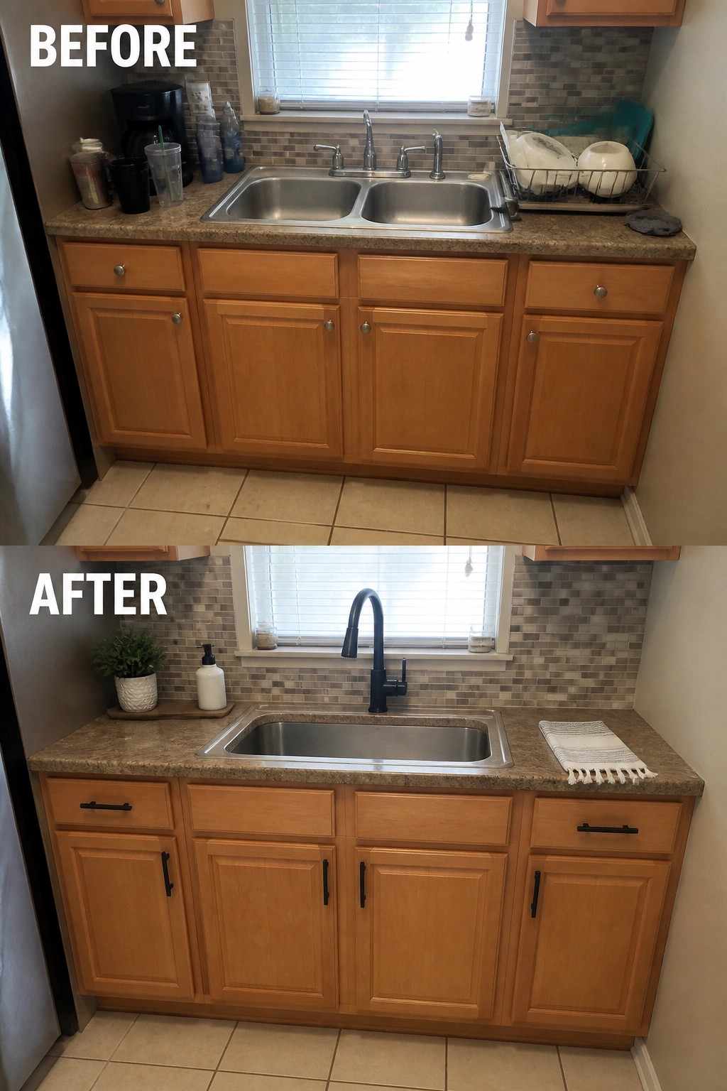 Before and after kitchen sink remodel with black faucet and wooden cabinets.