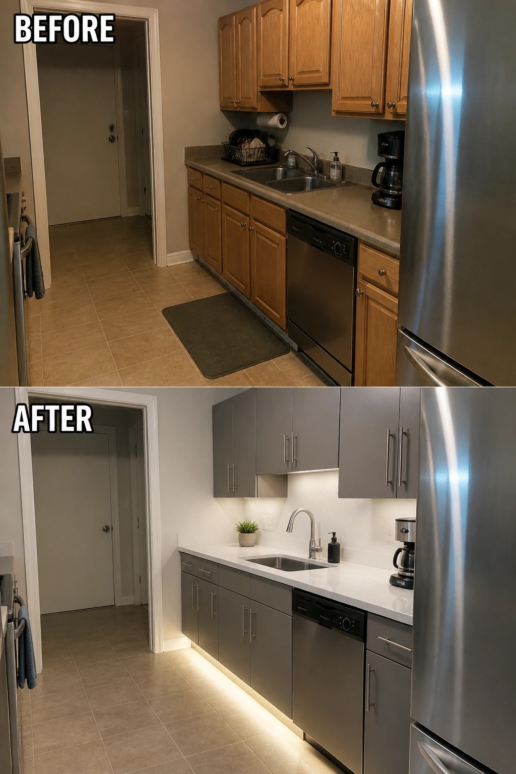 Before and after kitchen remodel from light wood to gray cabinets with lighting.