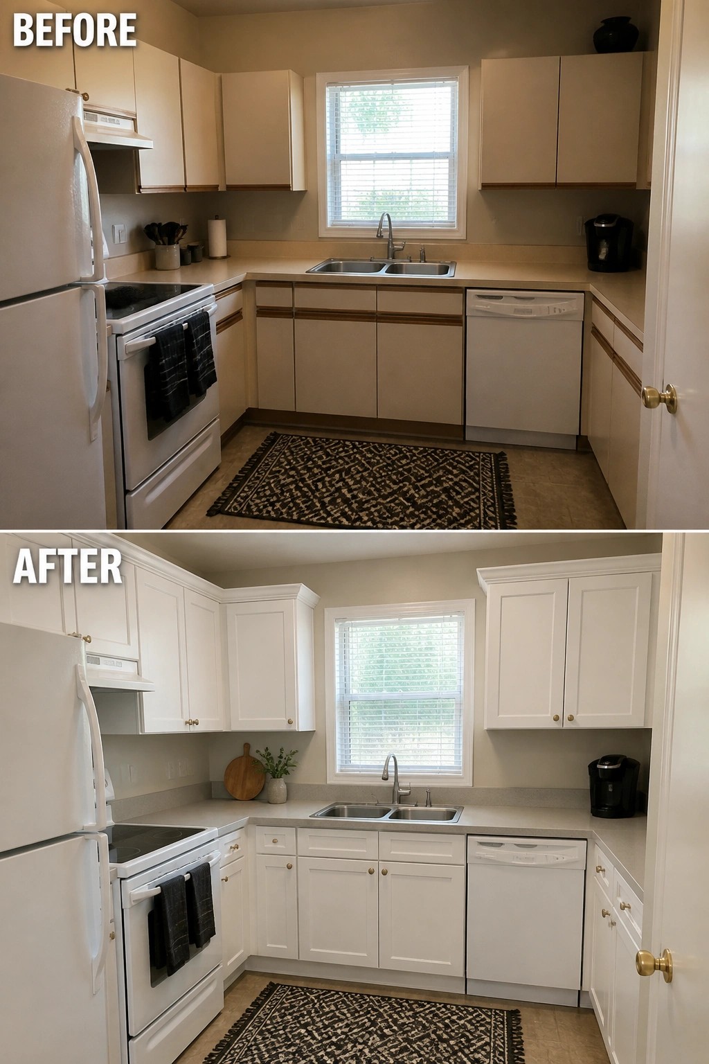 Before-and-after image of a small kitchen showing builder basic beige cabinets updated to white with new gold hardware.