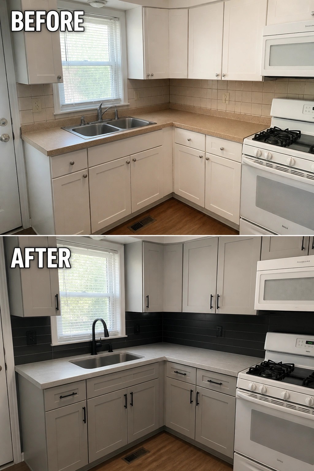 Before-and-after image of a small kitchen showing white builder-basic cabinets changed to gray with a black backsplash and updated sink and hardware.