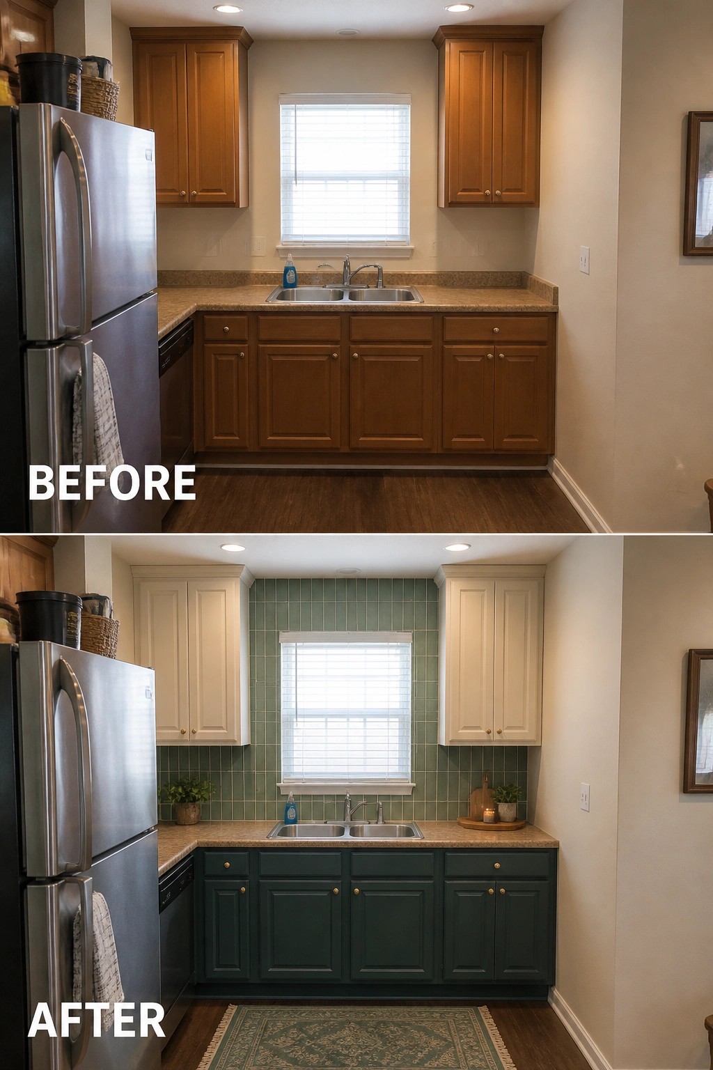 Before and after kitchen with cabinets repainted brown to white and dark green plus backsplash