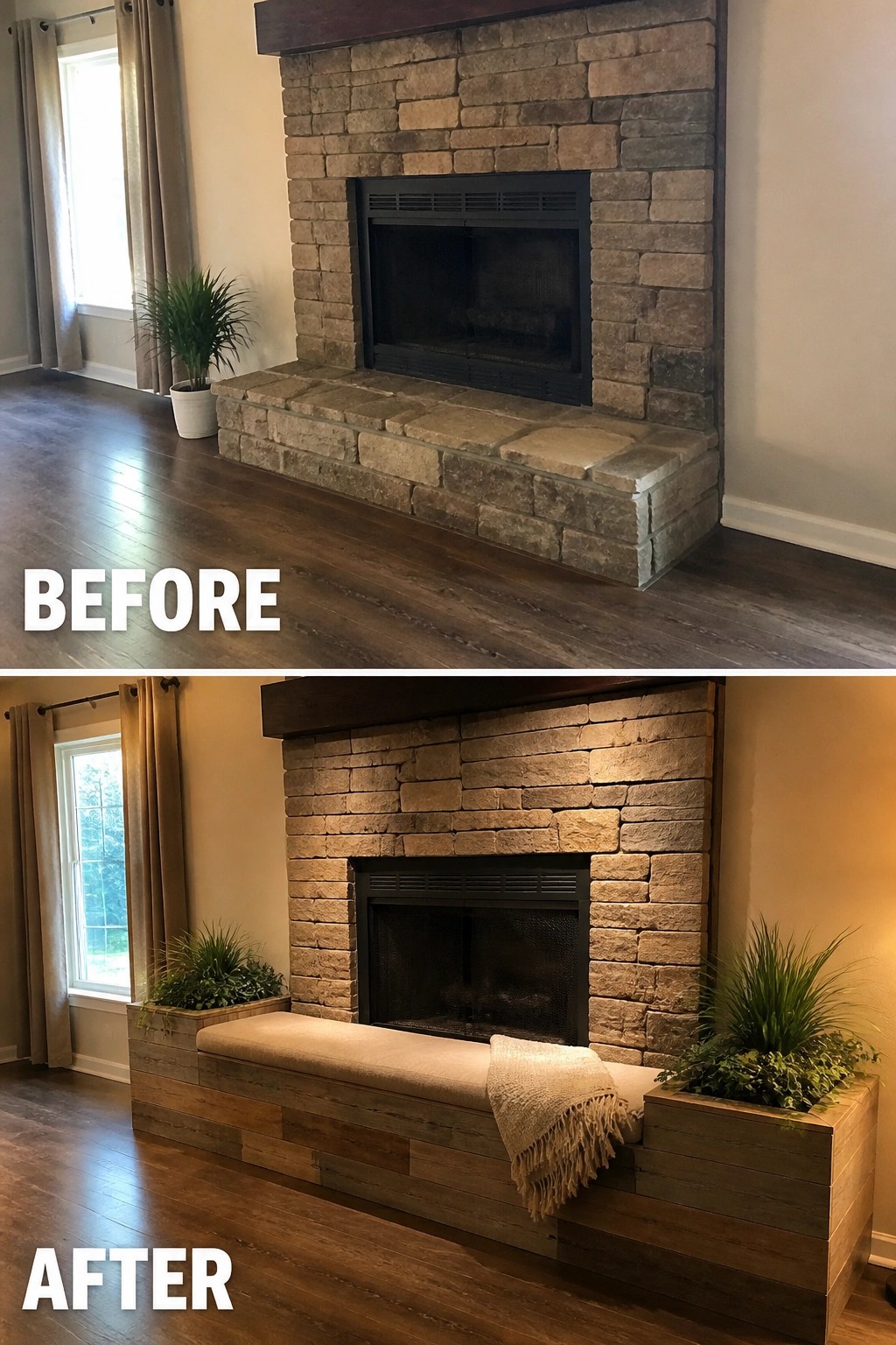 Before and after of stone fireplace with added wooden bench and side planters.