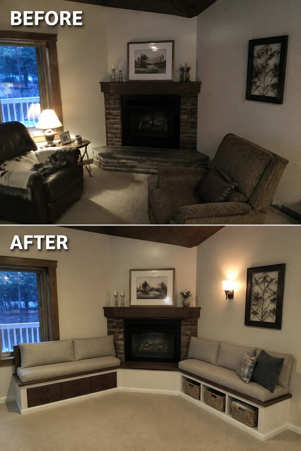 Before-and-after image of a living room fireplace with separate armchairs changed to built-in L-shaped benches with storage around the raised hearth.