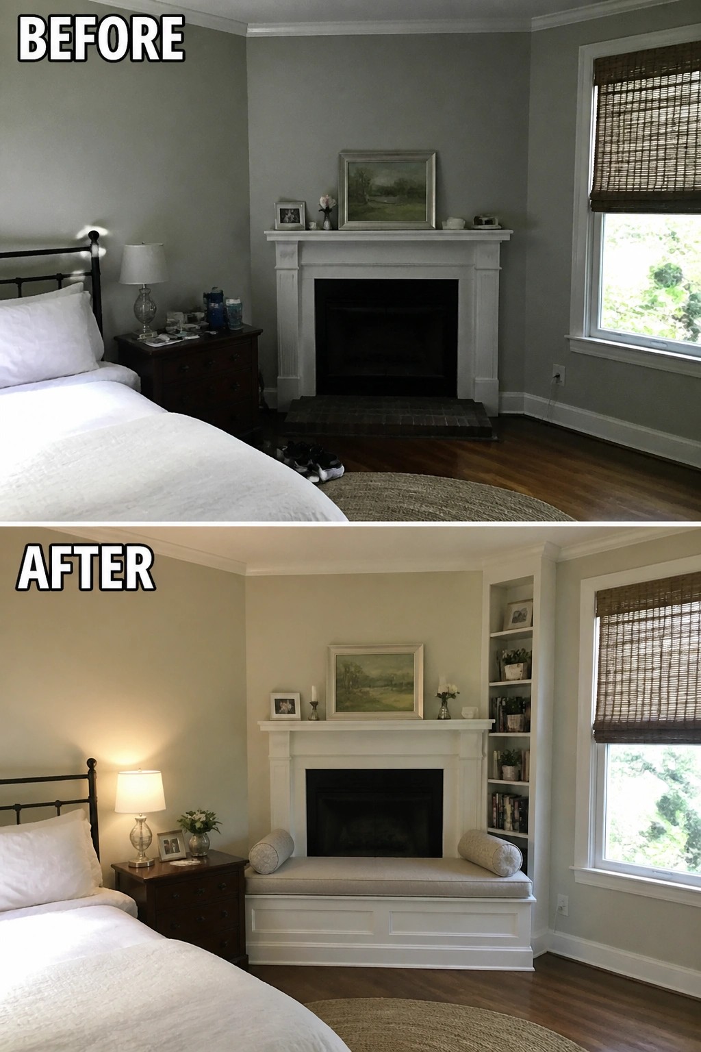Before and after bedroom with fireplace, bookshelves, bench, gray then beige walls