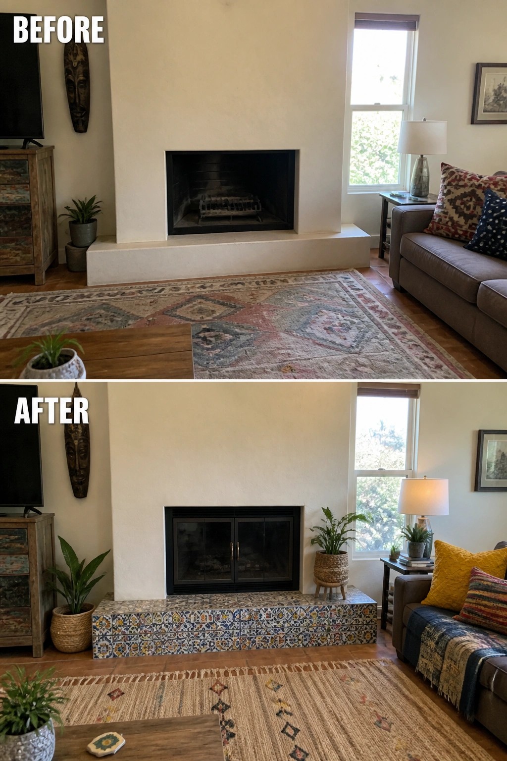 Before and after living room fireplace with colorful tiled hearth and updated decor.