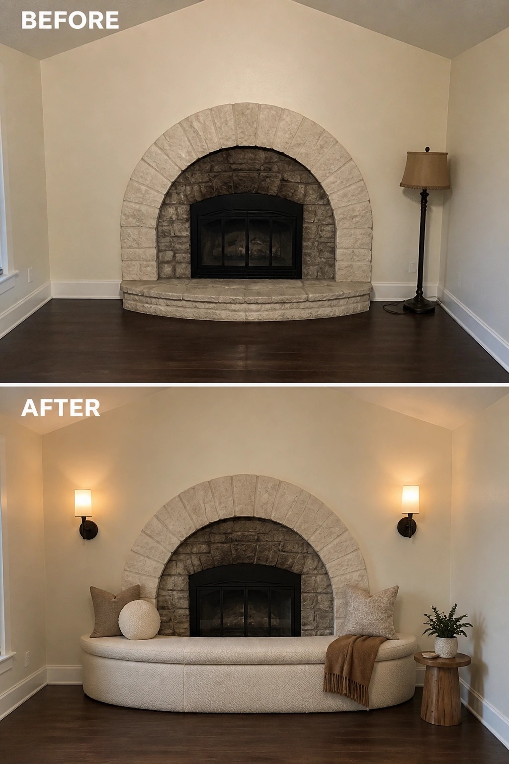Before and after of arched stone fireplace with added curved bench and wall sconces.