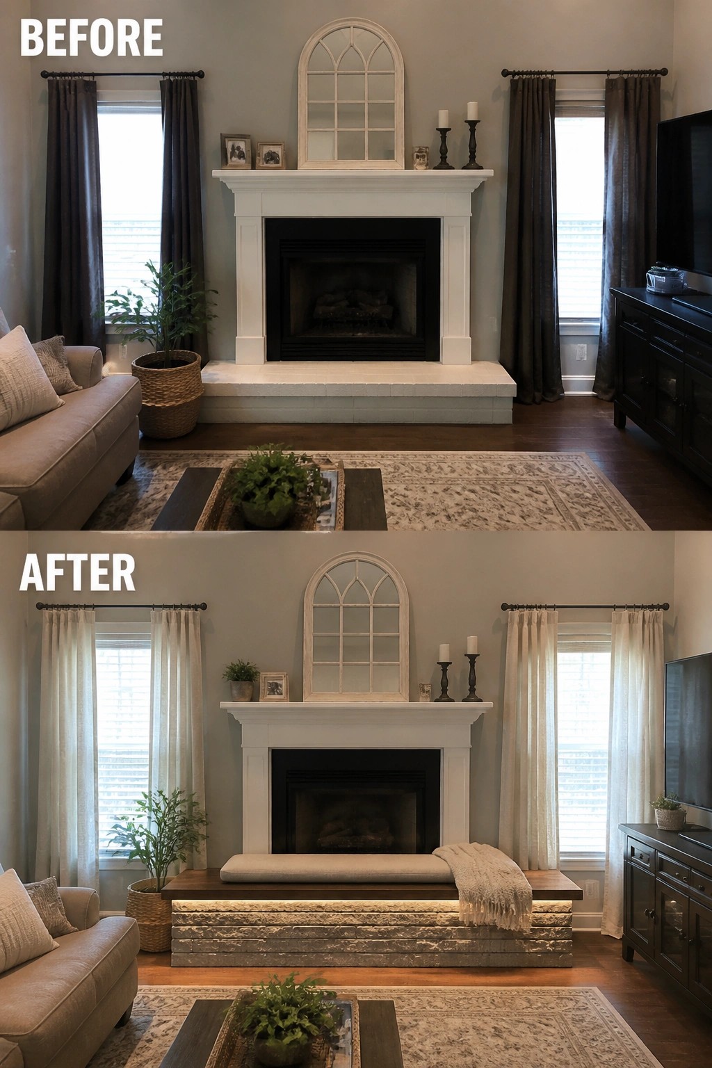 Before and after living room fireplace with new stone hearth and bench seating