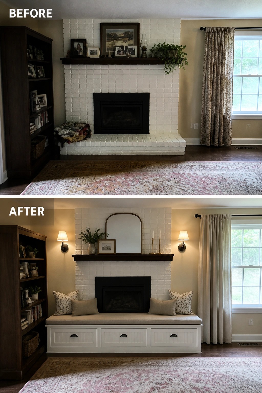 Before-and-after image of a white brick fireplace where the raised hearth was converted into a cushioned bench with storage drawers underneath.