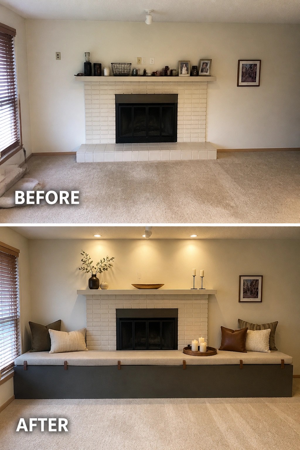 Before-and-after fireplace with added built-in benches, cushions, and modern decor.