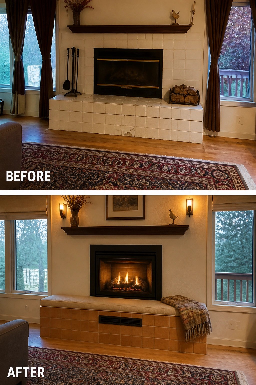 Before-and-after image of a fireplace with a raised white tile hearth updated to a tiled bench with cushion, new surround, and added wall sconces.