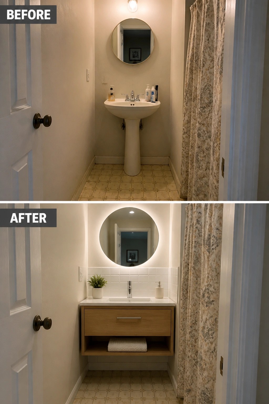 Before and after bathroom with pedestal sink replaced by floating wood vanity and lit mirror