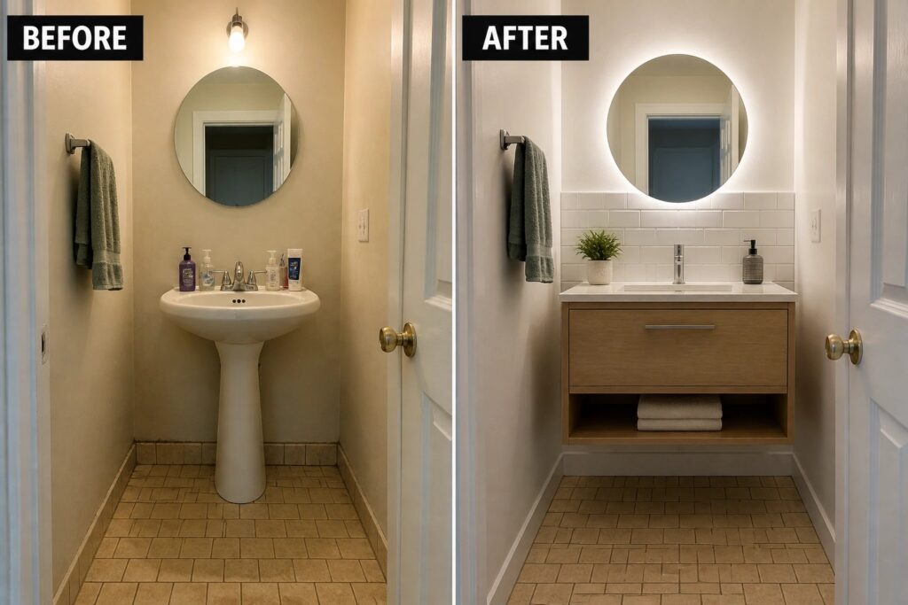 Before and after bathroom with pedestal sink replaced by floating wood vanity and lit mirror