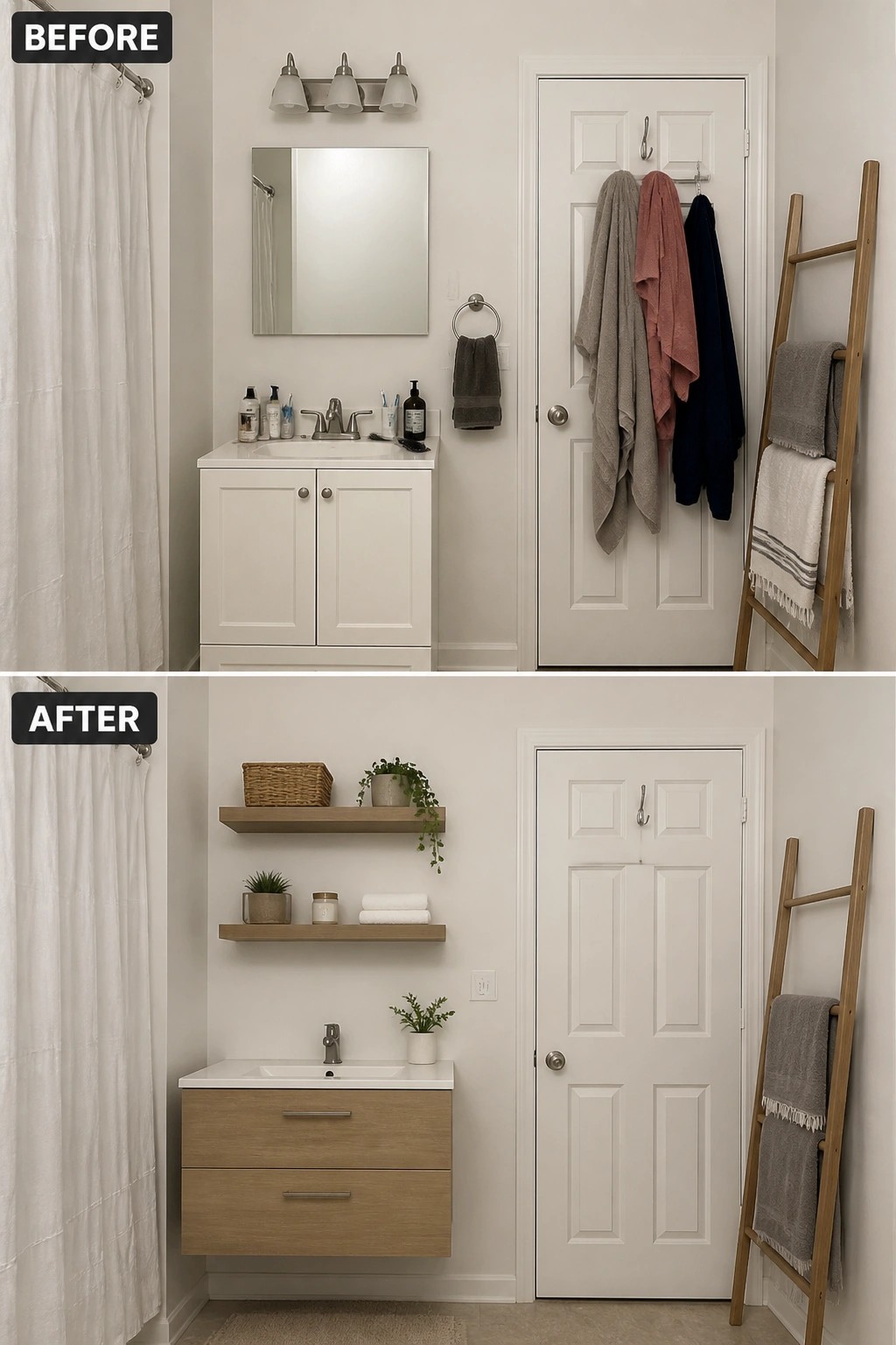 Before-and-after image of a small bathroom showing a floor cabinet vanity replaced by a wall-mounted floating vanity with open shelves.