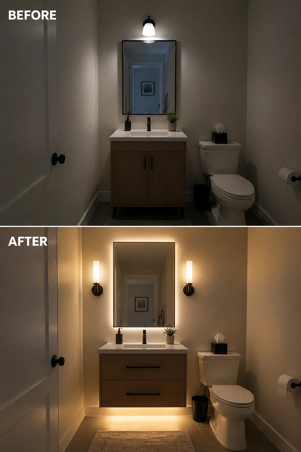 Before and after bathroom with new backlit mirror and wall sconces