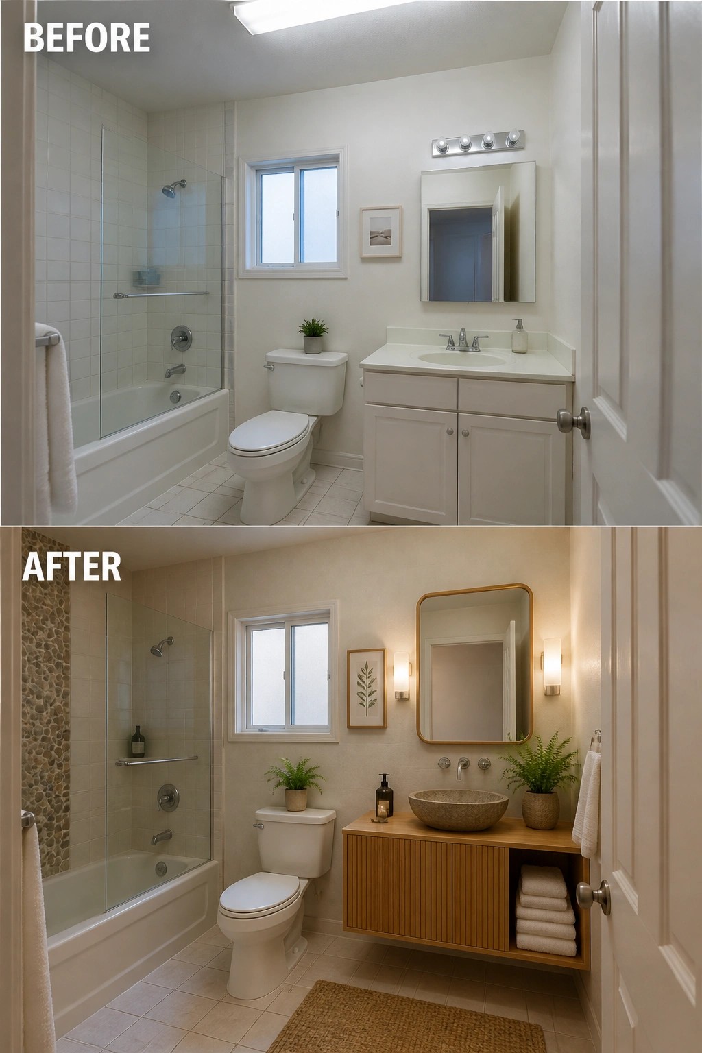 Before-and-after image of a small bathroom with a floor-standing vanity changed to a wall-mounted floating vanity with wood cabinet and open storage.