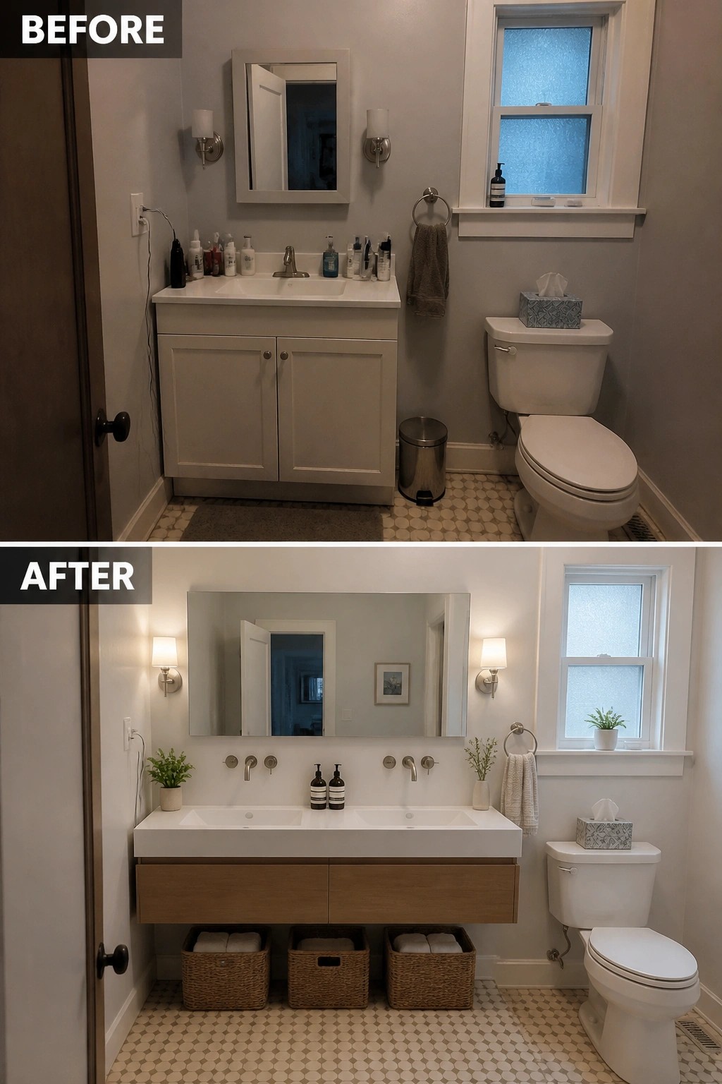 Before-and-after image of a small bathroom showing a floor-standing vanity replaced by a wall-mounted floating vanity with double sinks and open storage below.