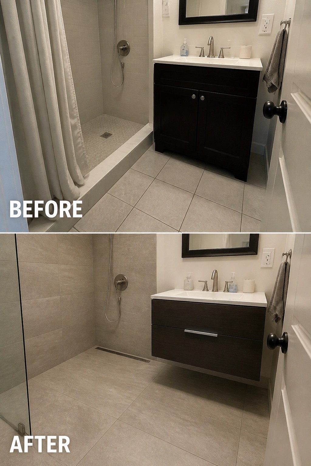 Before and after bathroom remodel with tiled shower, glass door, and floating dark vanity.