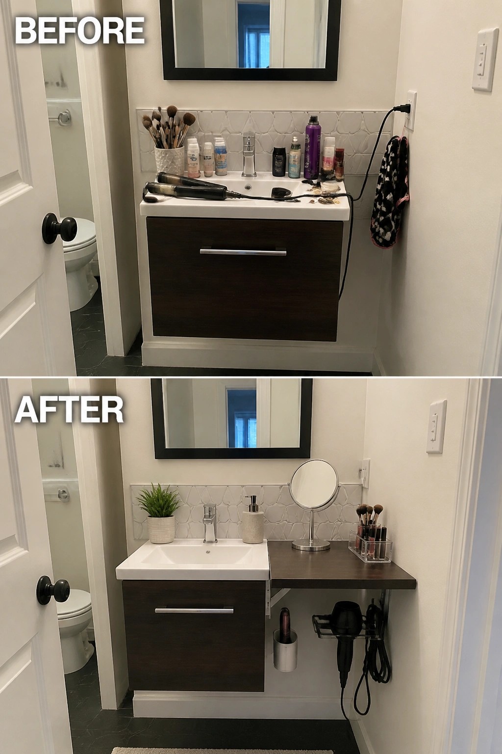 Before and after views of cluttered bathroom sink transformed into organized vanity with storage