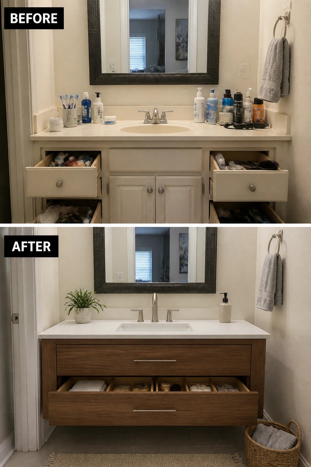 Before cluttered beige vanity and after sleek wooden floating vanity with organized drawers.